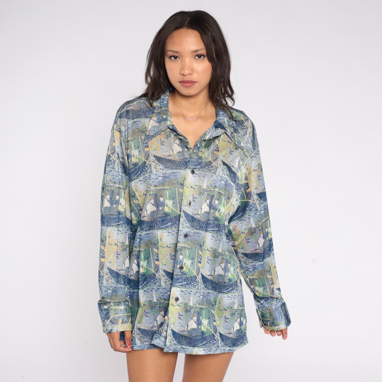 70s Claude Monet Impressionist Boating Scene Button Down Shirt Blue Green XXL