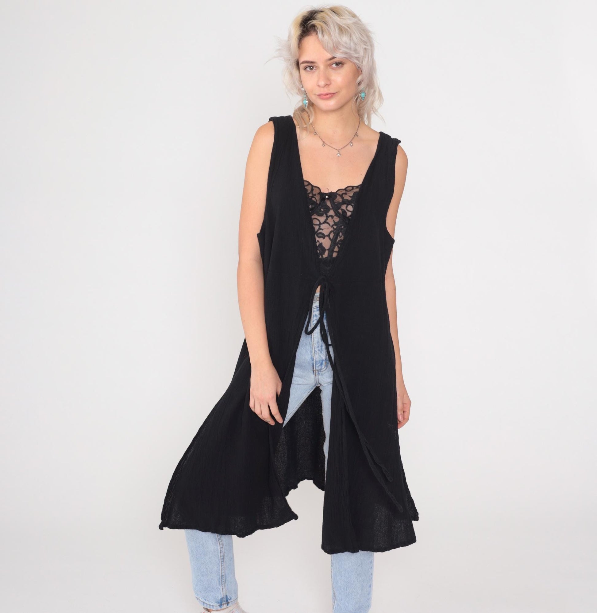 Y2K Black Cotton Vest Dress Tie Front Long Duster Side Slit Large L