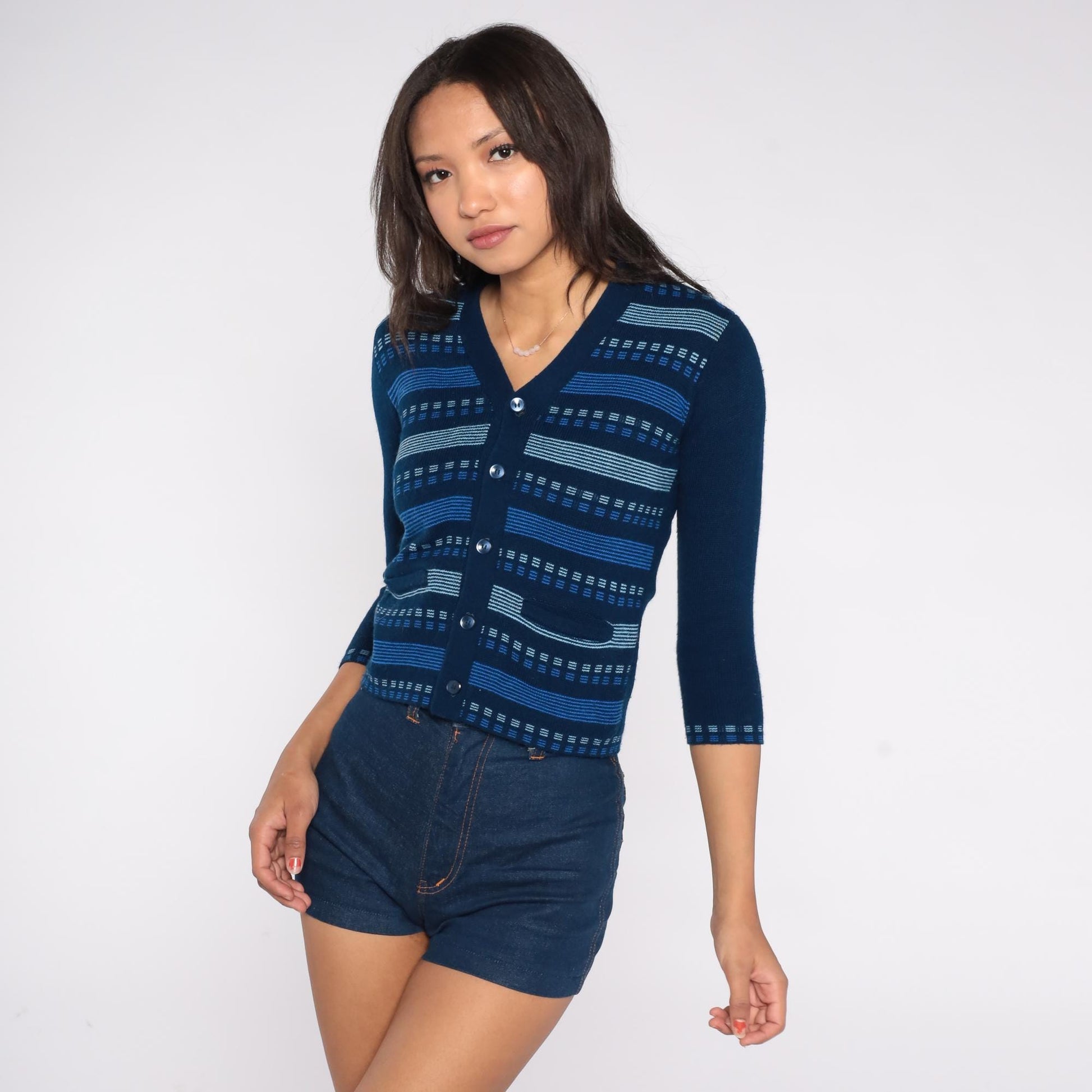 80s Navy Striped Knit Cardigan V-Neck Button Front 3/4 Sleeve Extra Small