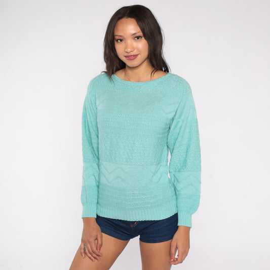 80s Cuddle Knit Mint Green Pointelle Sweater Crew Neck Long Sleeve Medium M
