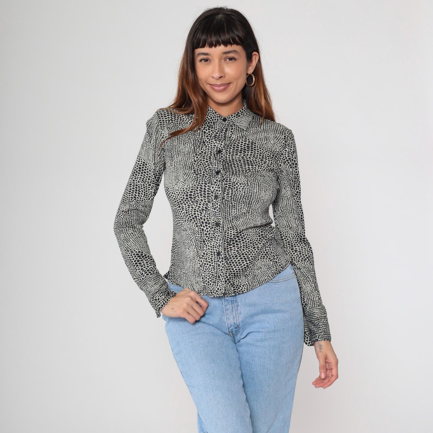 Y2K Alligator Print Button Up Blouse Black White Fitted Long Sleeve Extra Small XS