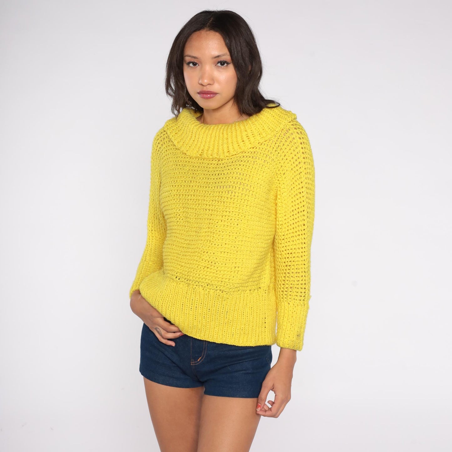 80s Yellow Open Knit Cowl Neck Sweater Long Sleeve Medium