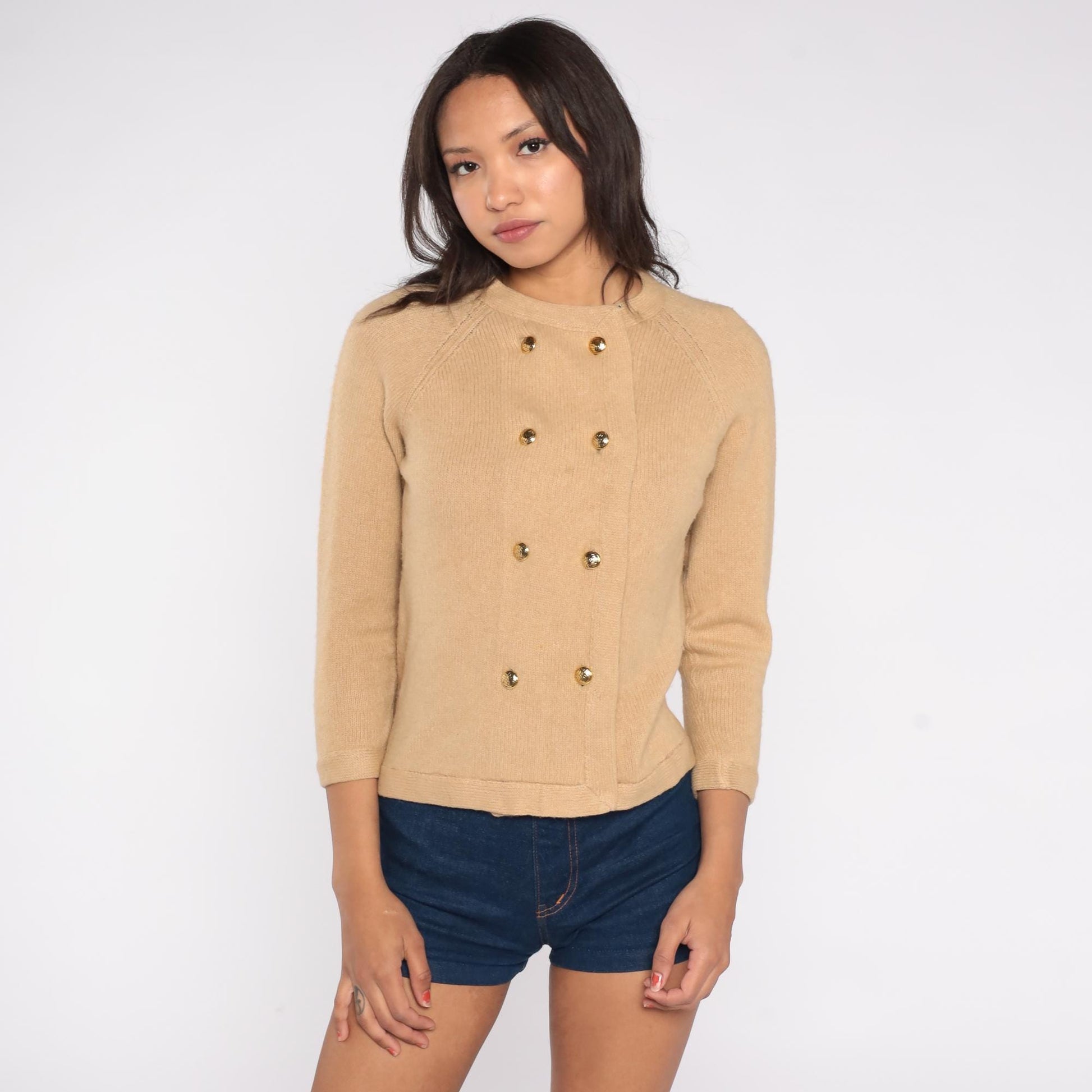 60s I. Magnin Camel Hair Cardigan Tan Gold Button Crew Neck XS