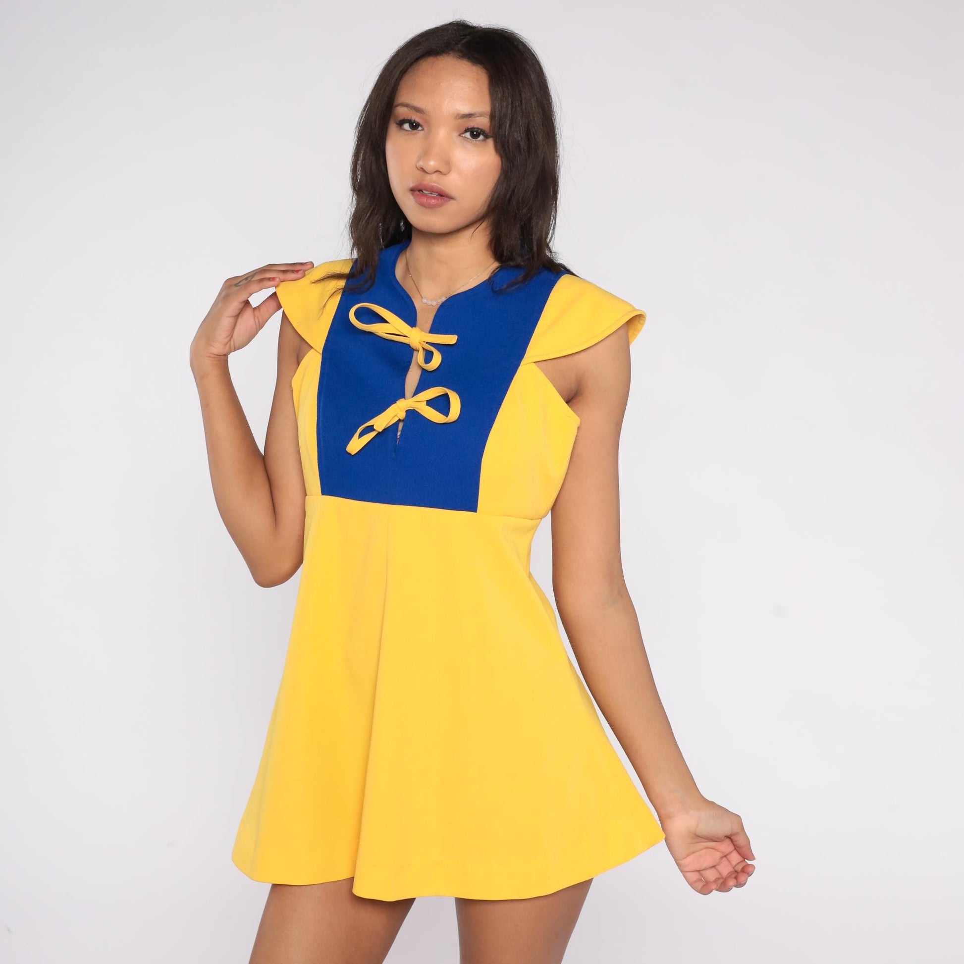 60s Space Age Color Block Mini Dress Yellow Blue Flutter Sleeve Small