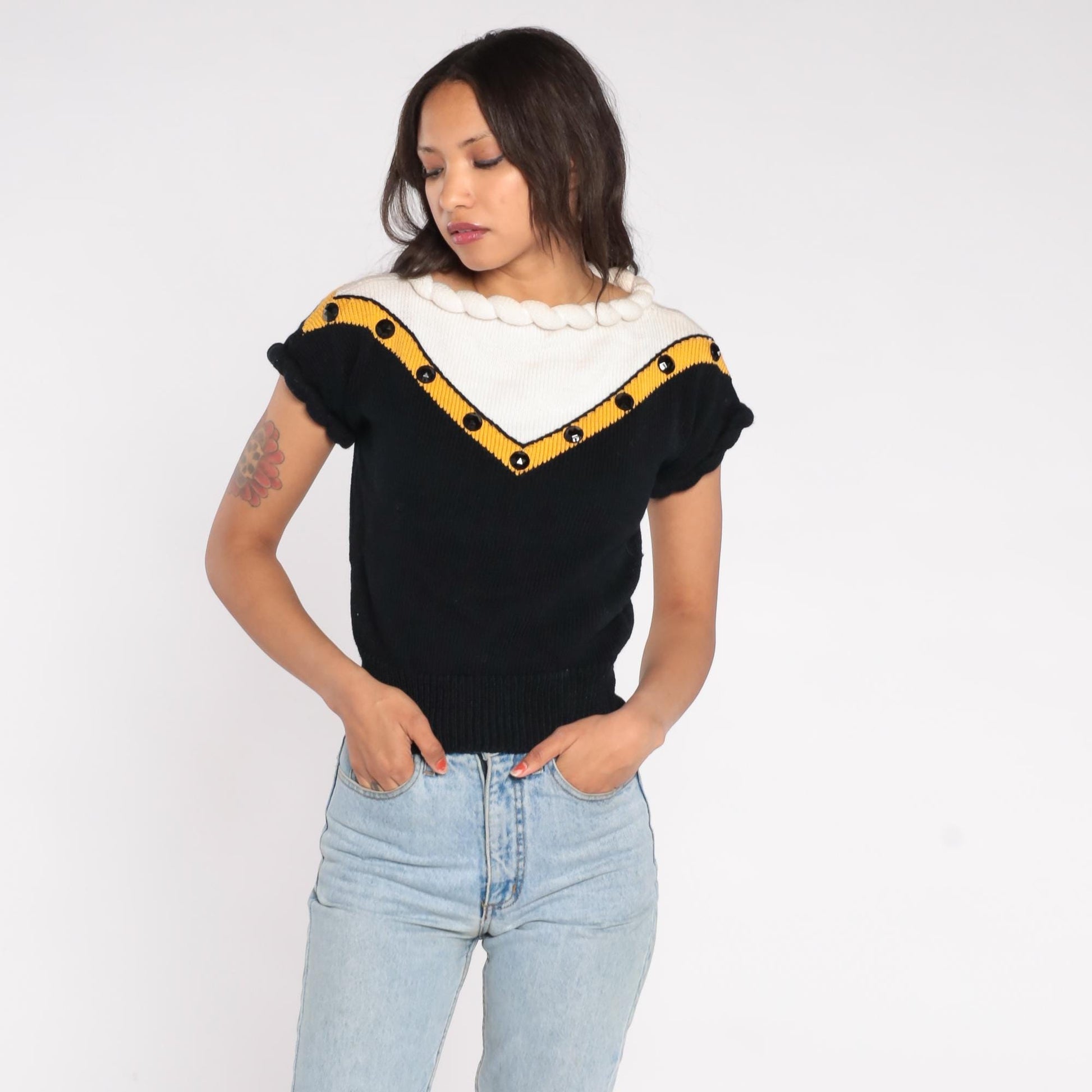80s Lorna Adams Colorblock Knit Top Rope Collar Black Gold White Small