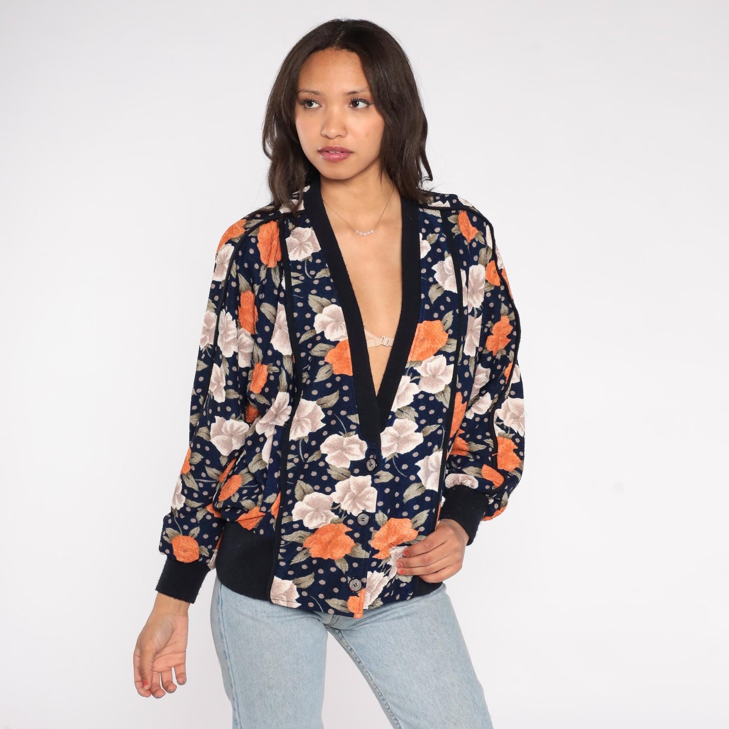 90s Navy Floral Bomber Cardigan Puff Sleeve Button Front Large L