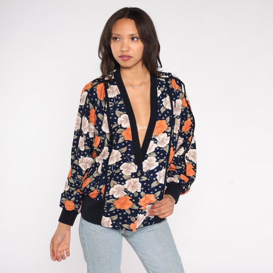 90s Navy Floral Bomber Cardigan Puff Sleeve Button Front Large L