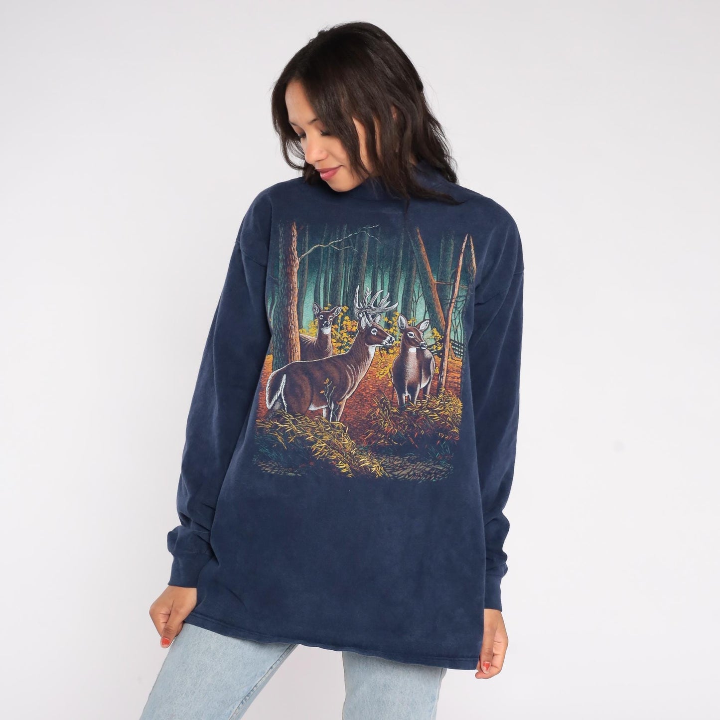 90s Navy Mock Neck Deer Wildlife Sweatshirt Forest Buck Graphic Large L