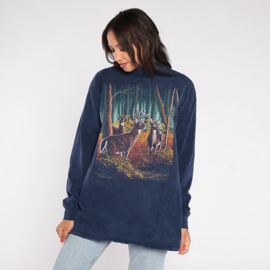 90s Navy Mock Neck Deer Wildlife Sweatshirt Forest Buck Graphic Large L