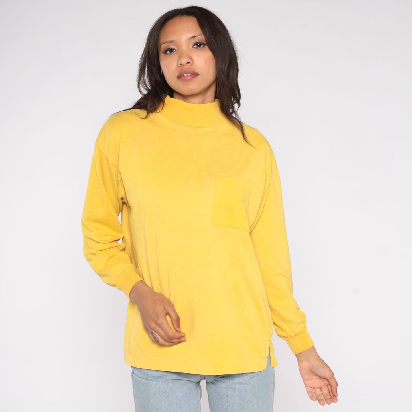 90s Cristina Yellow Mock Turtleneck Chest Pocket Boxy Long Sleeve Large L