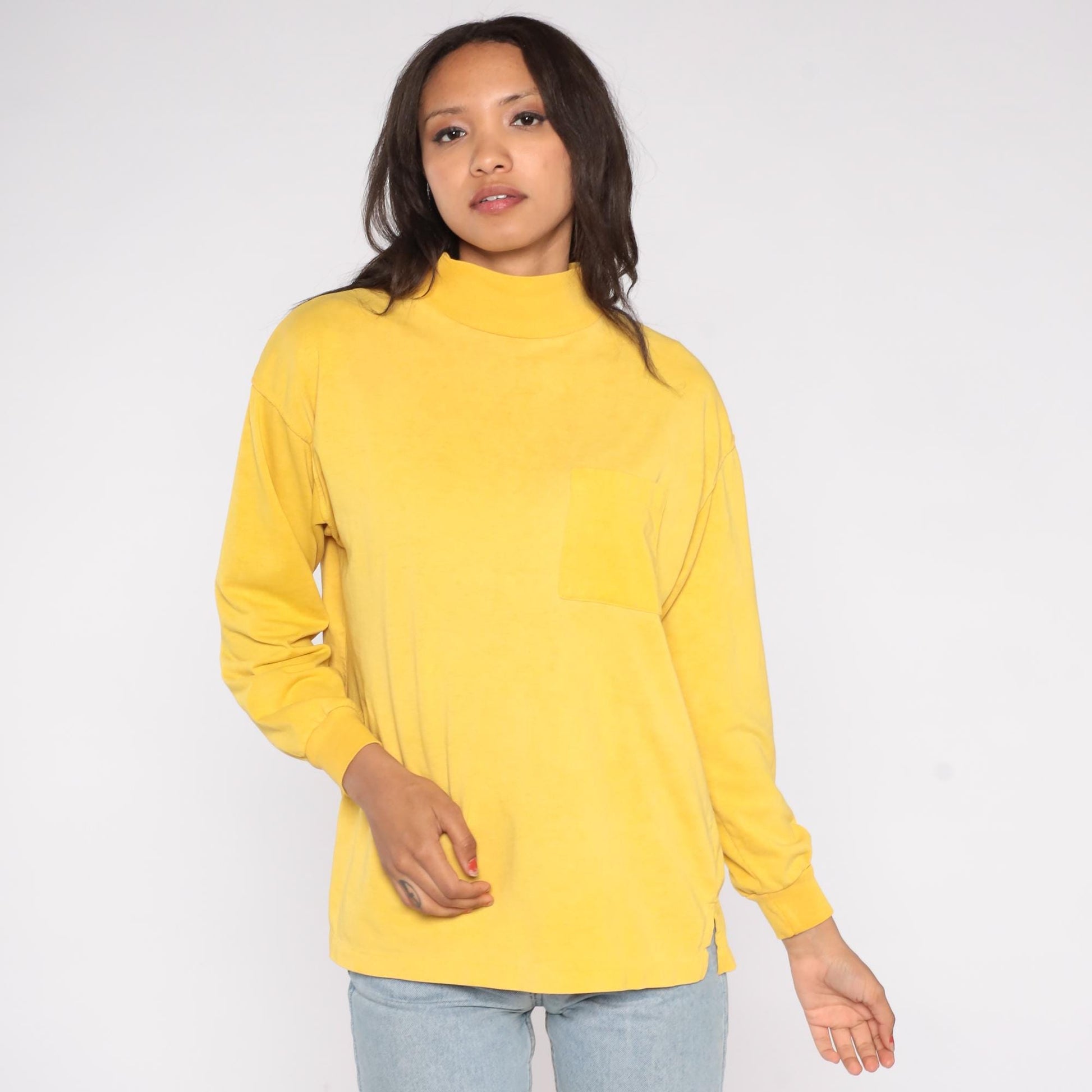 90s Cristina Yellow Mock Turtleneck Chest Pocket Boxy Long Sleeve Large L