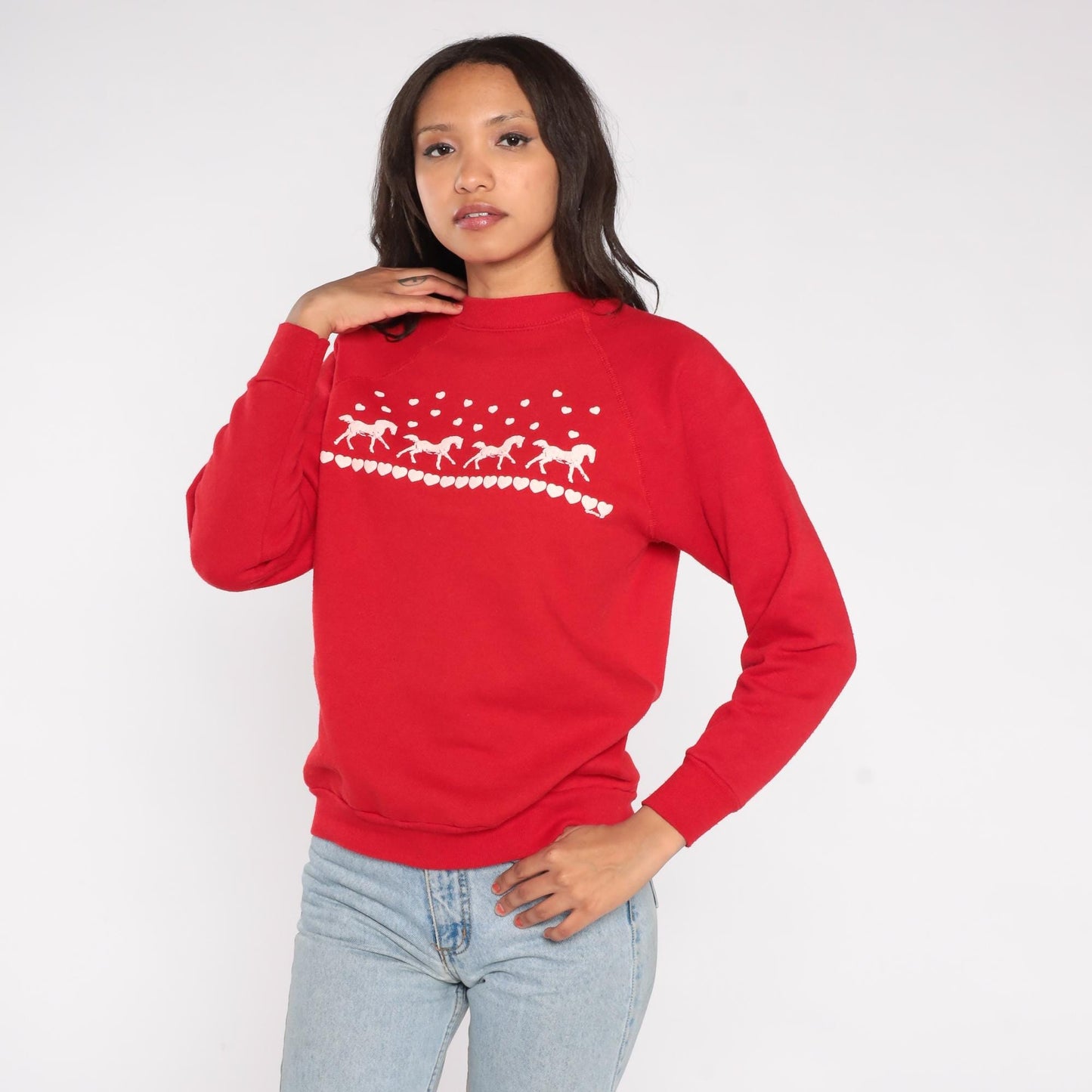 80s Joy Brass Horse Heart Sweatshirt Red Nordic Pattern Raglan Medium