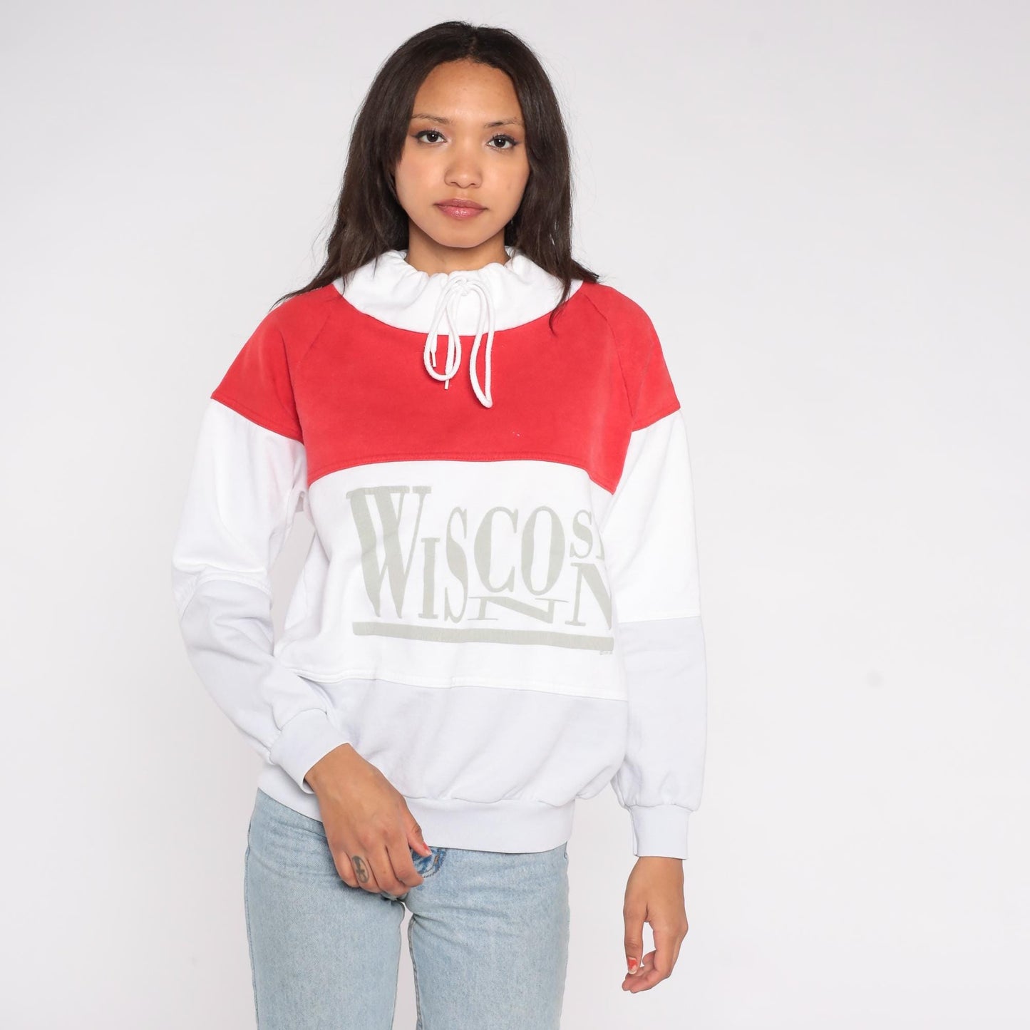 90s Wisconsin Colorblock Sweatshirt Red White Mock Turtleneck Medium