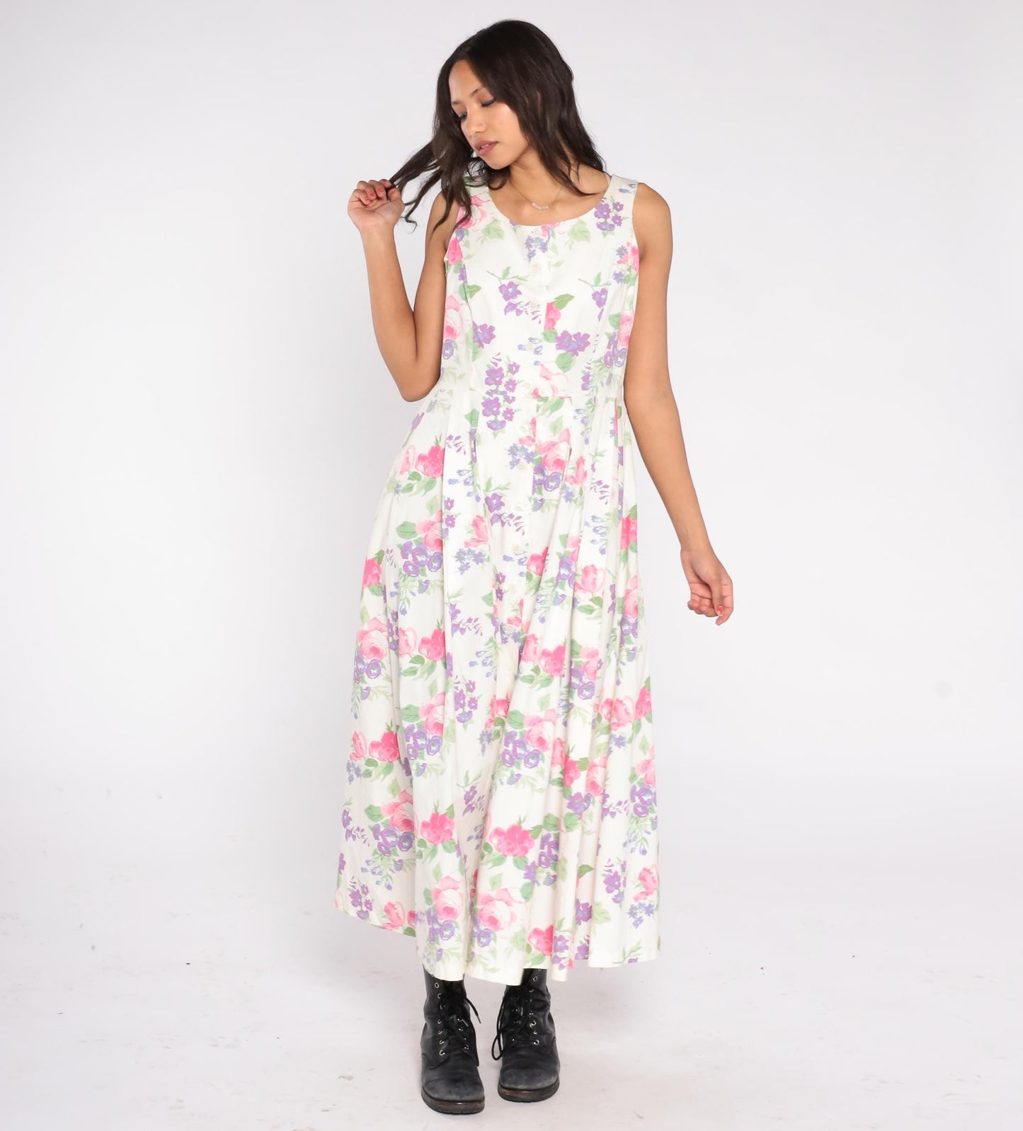 90s Chadwick's Floral Maxi Dress Button Front Cotton Scoop Neck White Pink Purple Large L