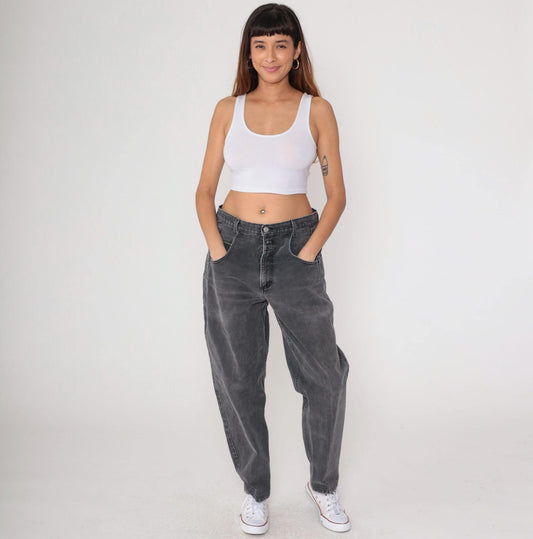 90s Guess Black Denim High-Waist Tapered Mom Jeans 34x30