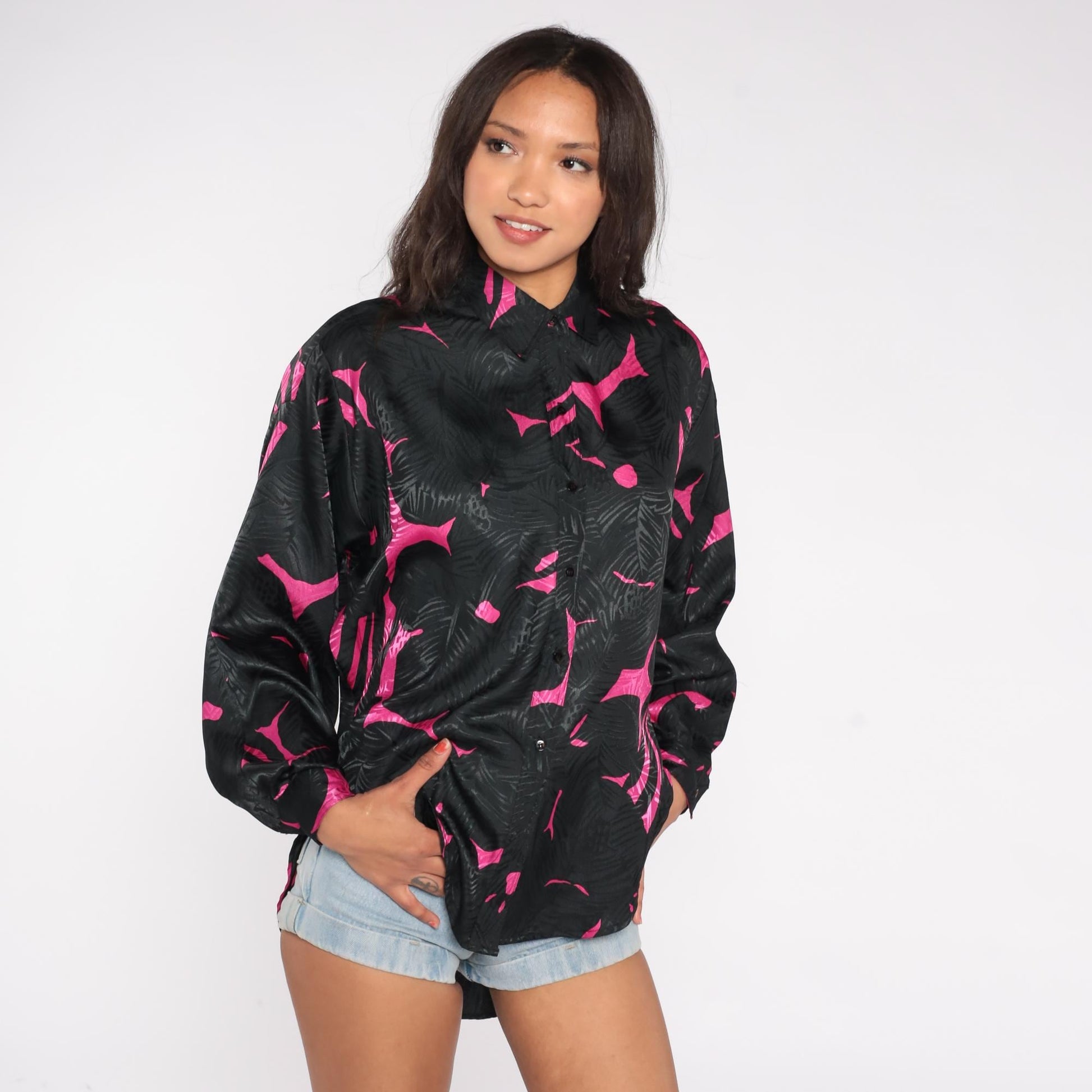 90s Termeh New York Abstract Button Down Blouse Hot Pink Black Medium