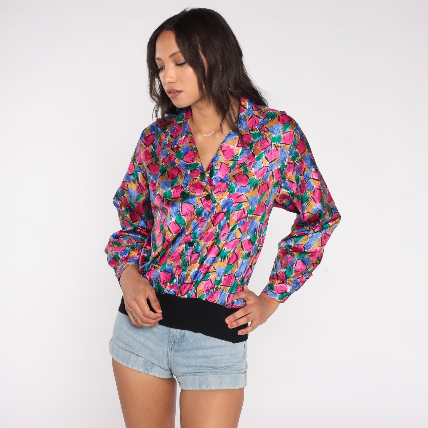 80s Petite Notations Geometric Abstract Blouse Hot Pink Blue Green Gold Black Medium
