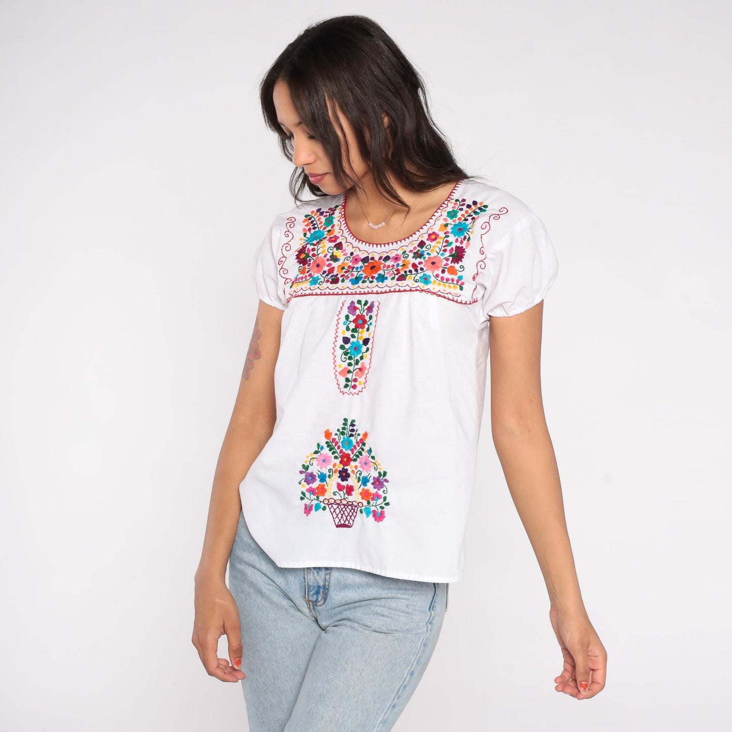 90s Mexican Embroidered White Cotton Blouse Floral Puff Sleeve Small