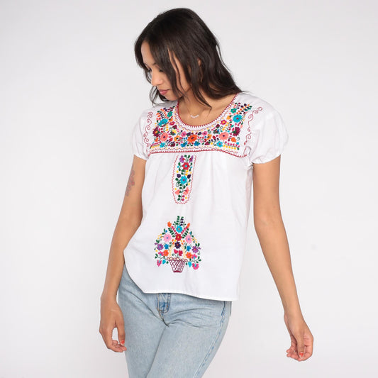 90s Mexican Embroidered White Cotton Blouse Floral Puff Sleeve Small