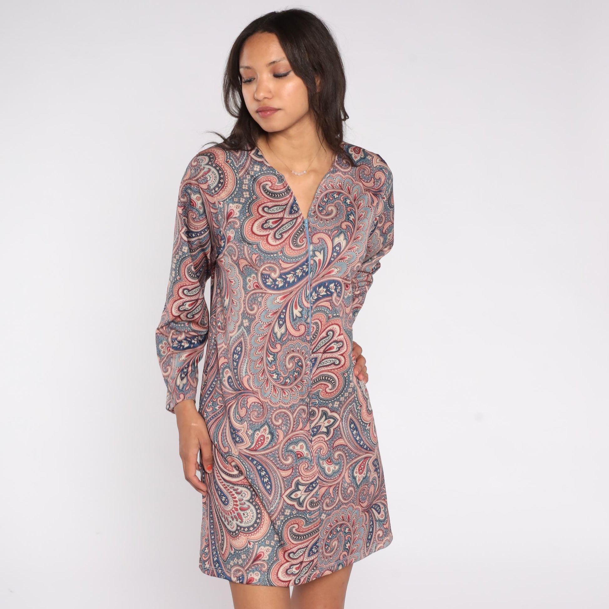 80s Paisley Mini Dress Blue Pink V-Neck Long Sleeve Zip Shift Large L