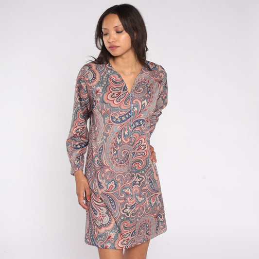 80s Paisley Mini Dress Blue Pink V-Neck Long Sleeve Zip Shift Large L