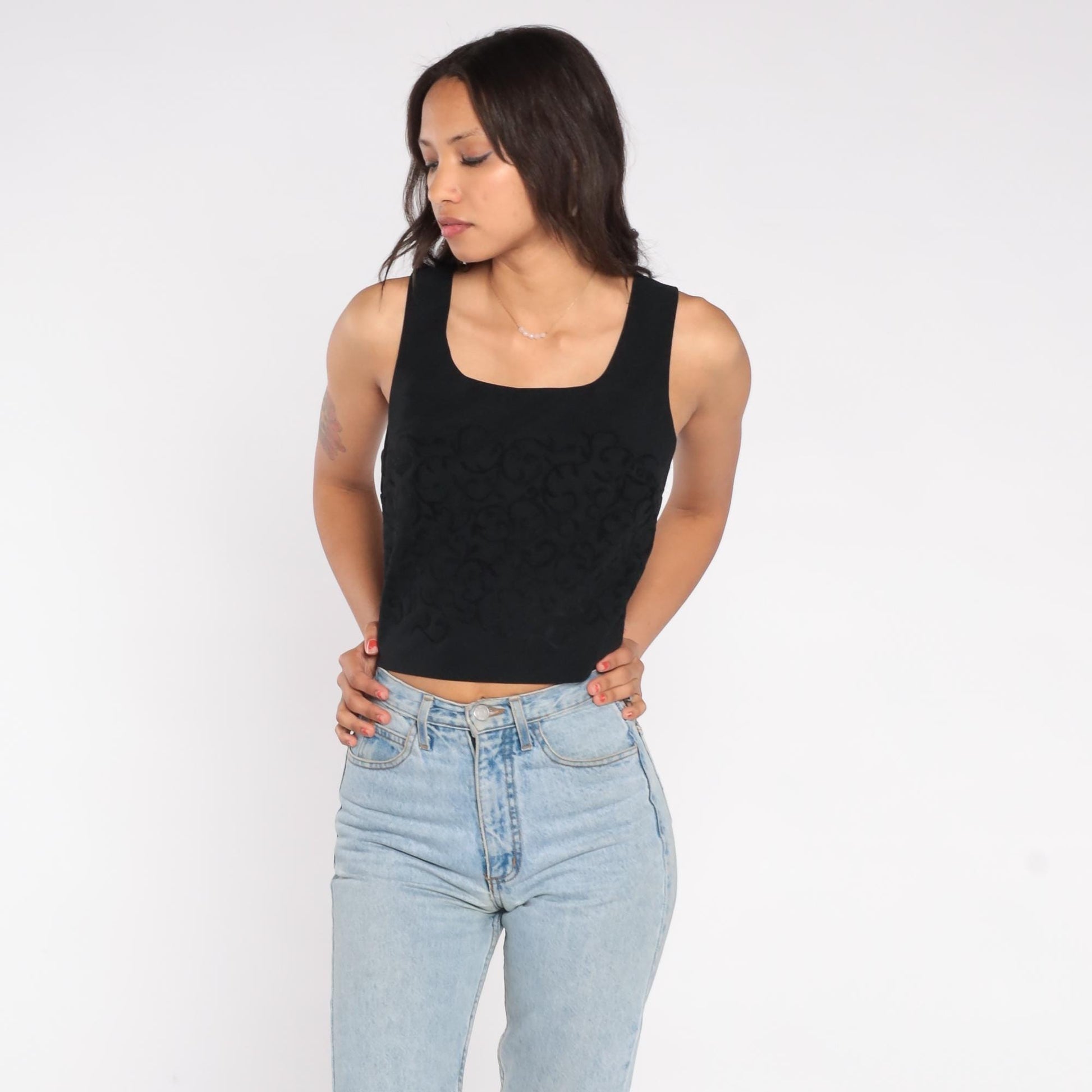 90s XOXO Black Jacquard Crop Top Square Neck Sleeveless Medium M