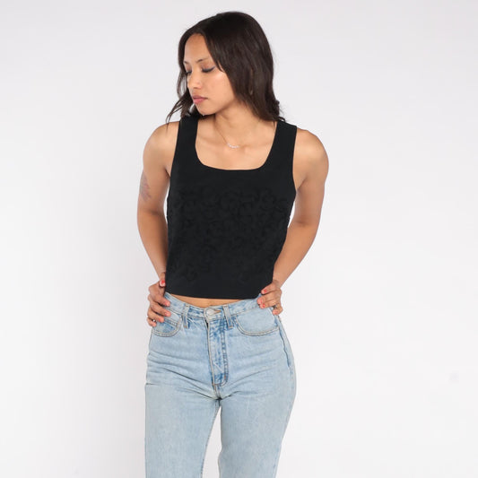 90s XOXO Black Jacquard Crop Top Square Neck Sleeveless Medium M
