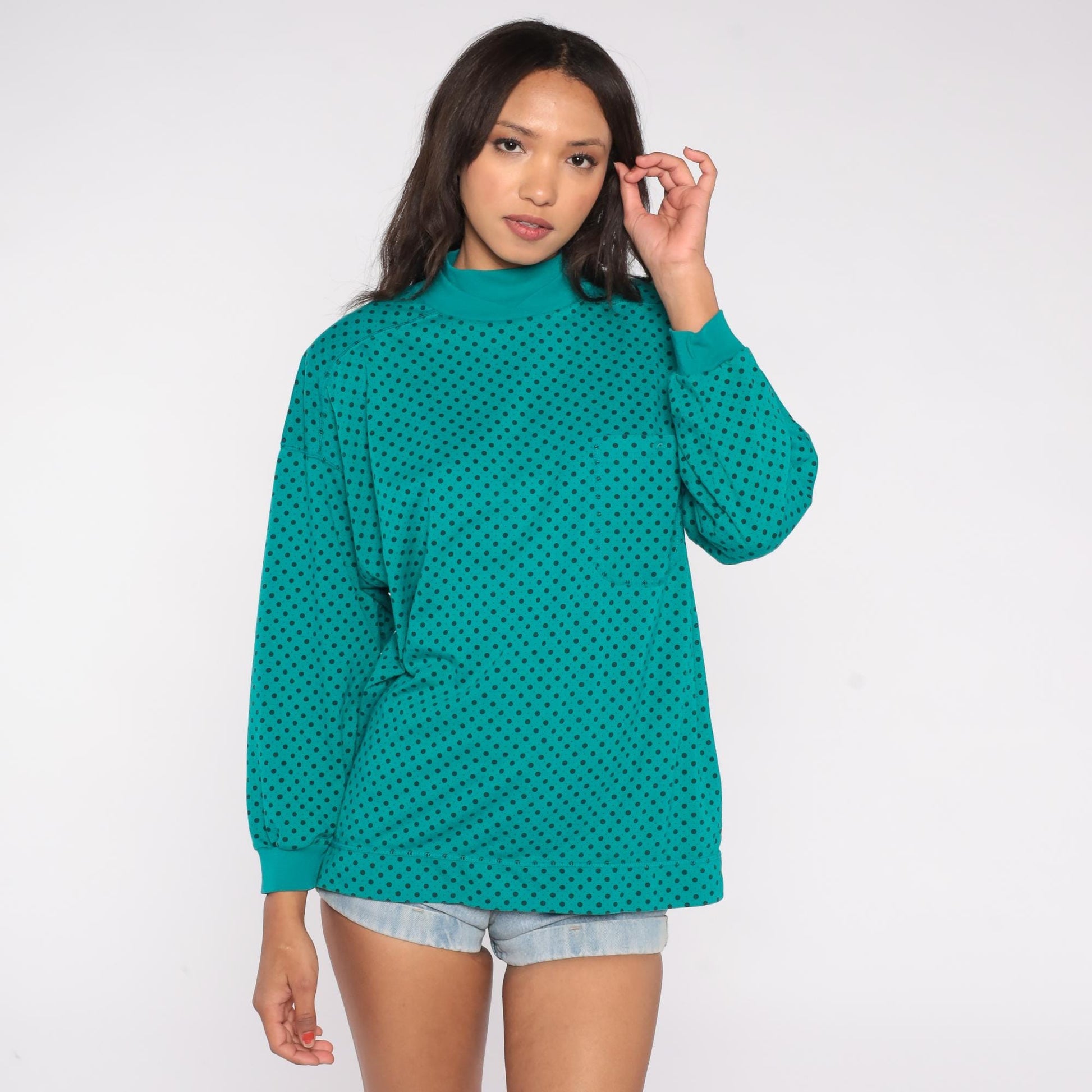 90s Victoria Jones Teal Polka Dot Mock Neck Sweatshirt Cotton Blend Large L
