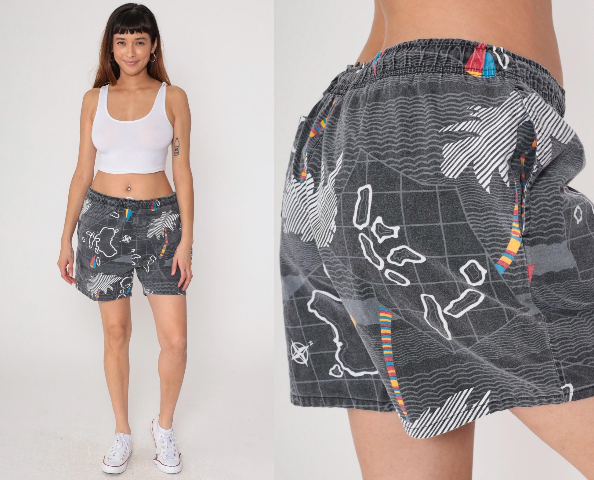 90s Blair Map Print Cotton Swim Trunks Grey Island Graphic Large L