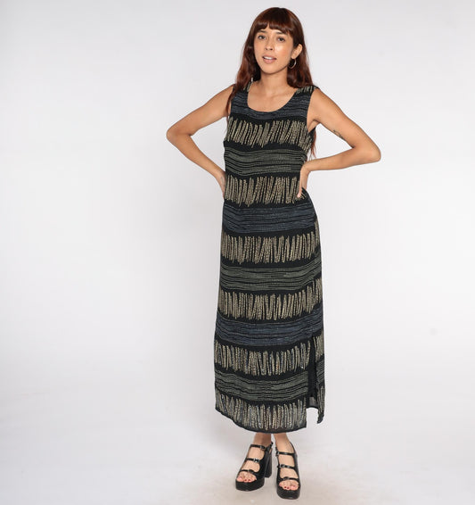 90s Expressions Abstract Stripe Maxi Dress Black Tan Sleeveless Small