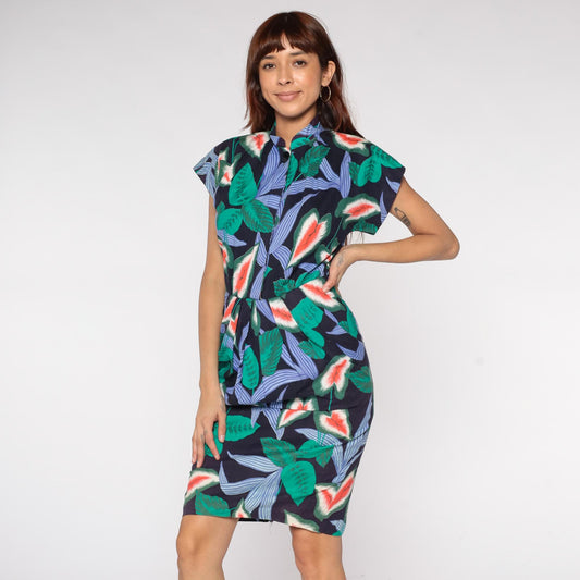 90s Tropical Leaf Cotton Dress Navy Green Mandarin Collar Cap Sleeve Small S
