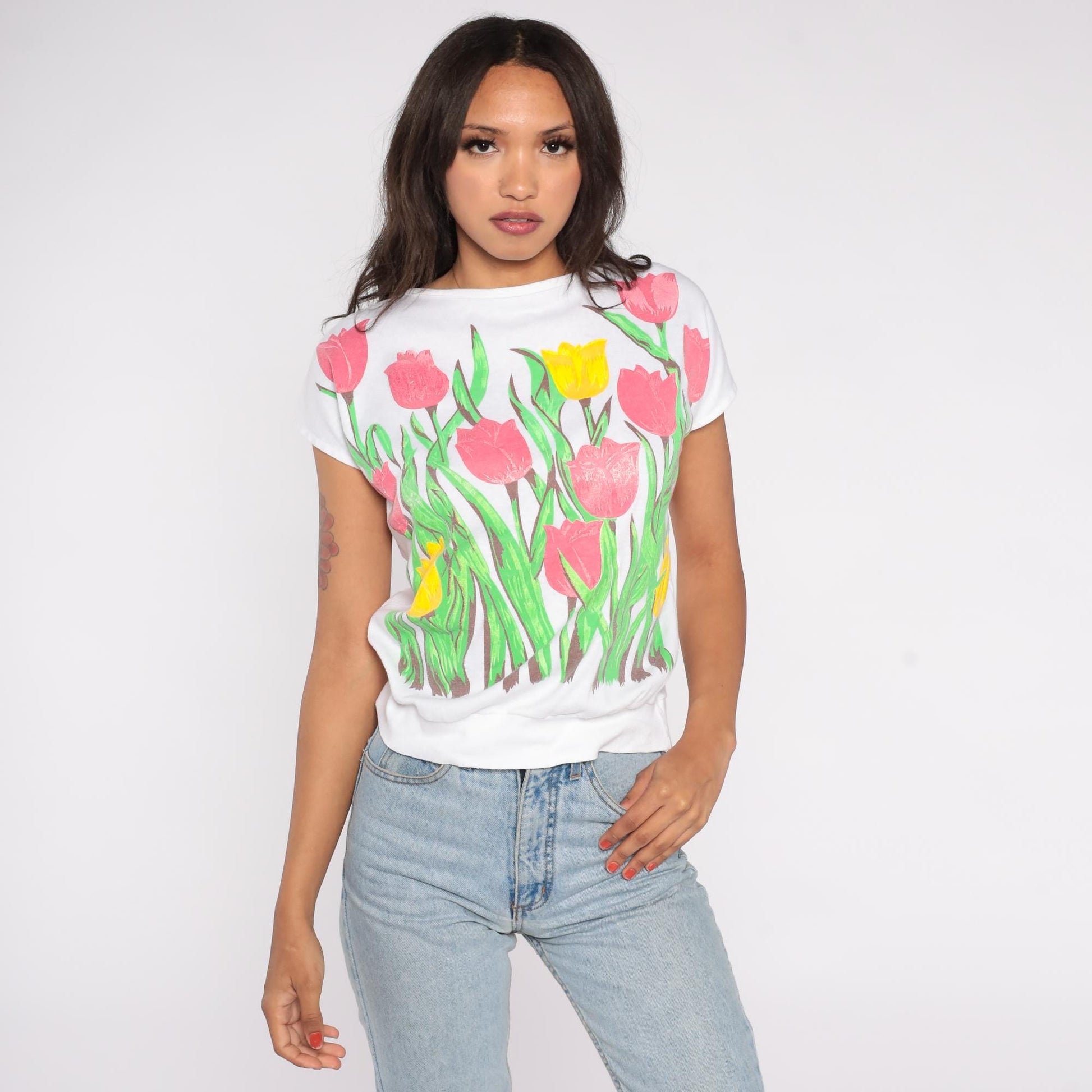 90s White Tulip Floral Cropped Cotton Shirt Small S