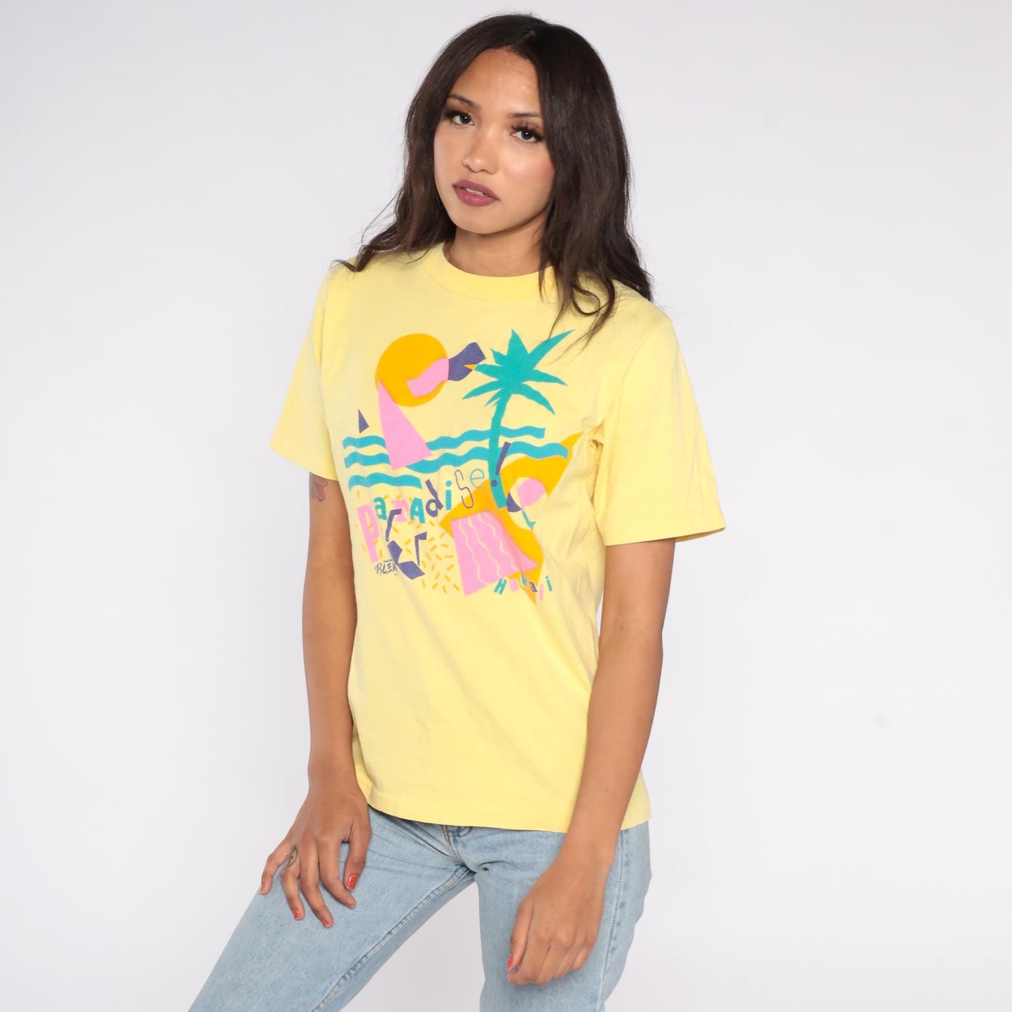 90s Champion Paradise Hawaii Graphic Tee Yellow Neon Pink Small