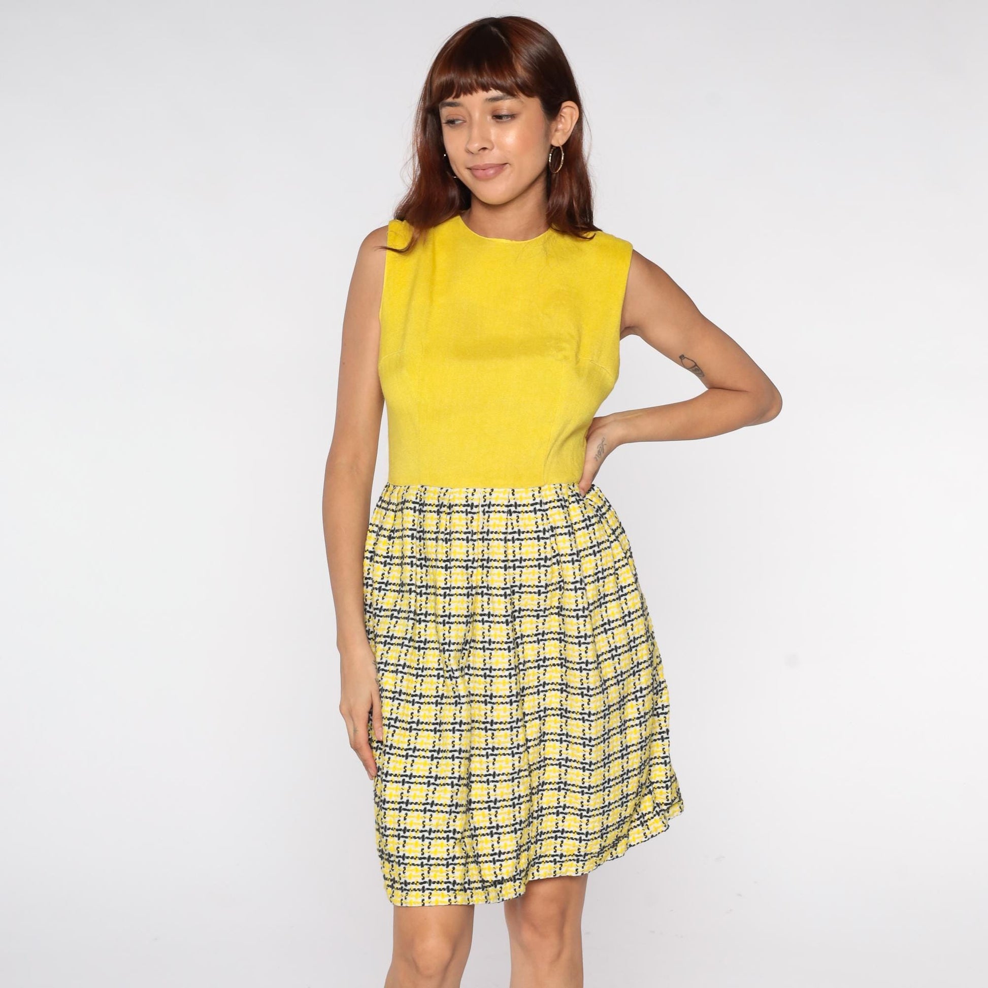 60s Yellow Plaid Mod Mini Dress Colorblock Black White Crew Neck Small