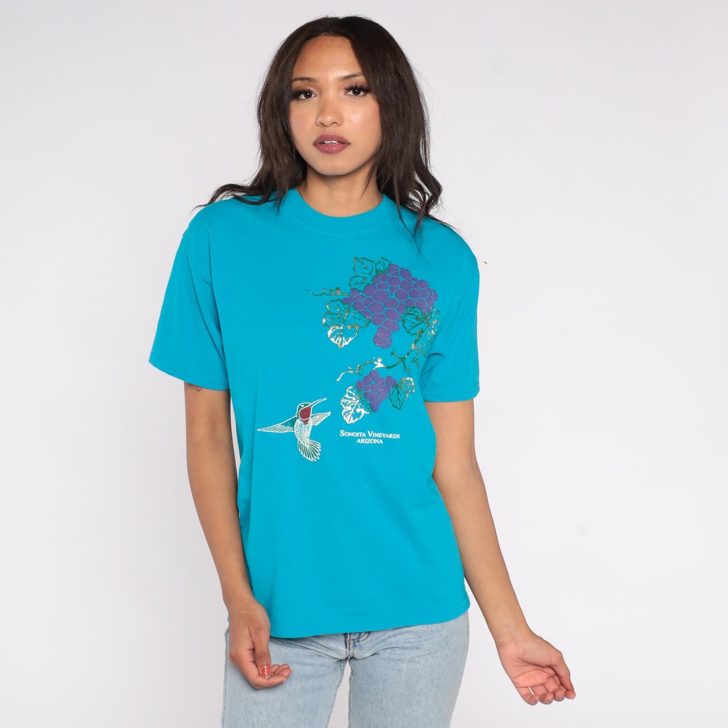 90s Sonoita Arizona Vineyards Graphic Tee Turquoise Hummingbird Purple Grapes Medium M