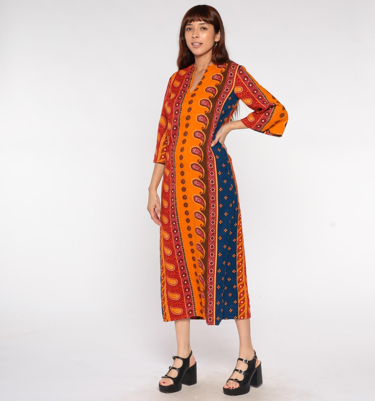 70s Caftan Dress Orange Blue Paisley Indian Print V-Neck Maxi Small