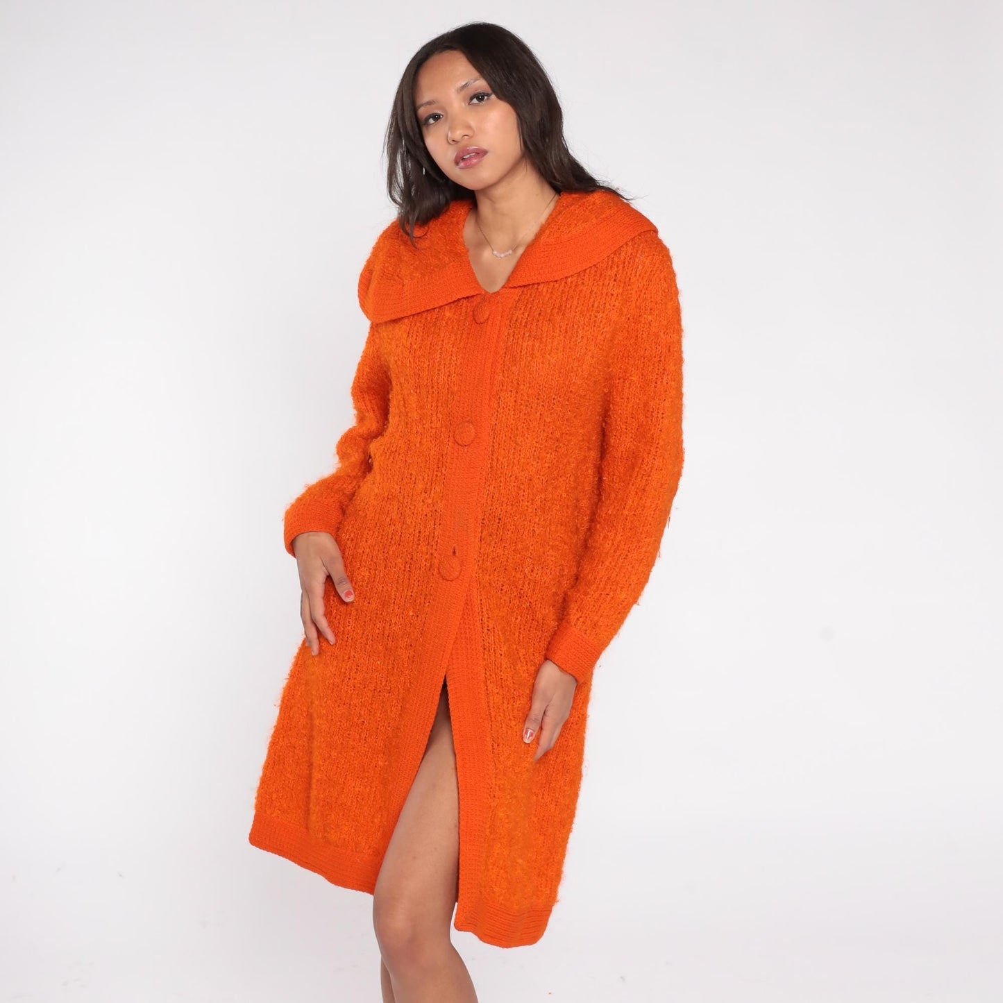 70s Mur Elen California Orange Boucle Cardigan Coat Maxi Length Small