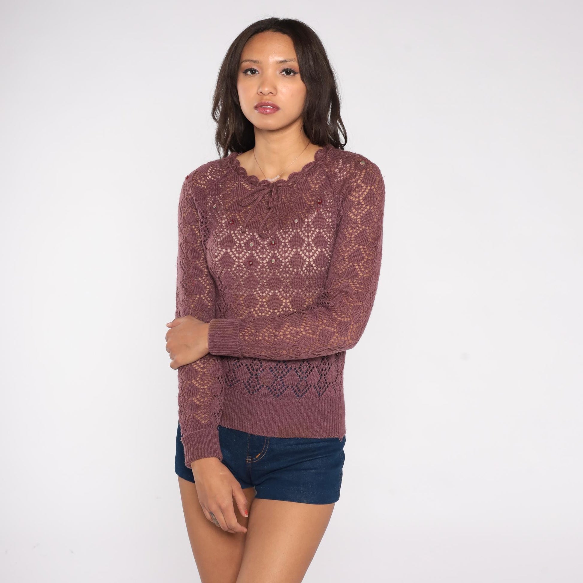 80s Purple Mauve Open Knit Crochet Pullover Scalloped Neckline Small S