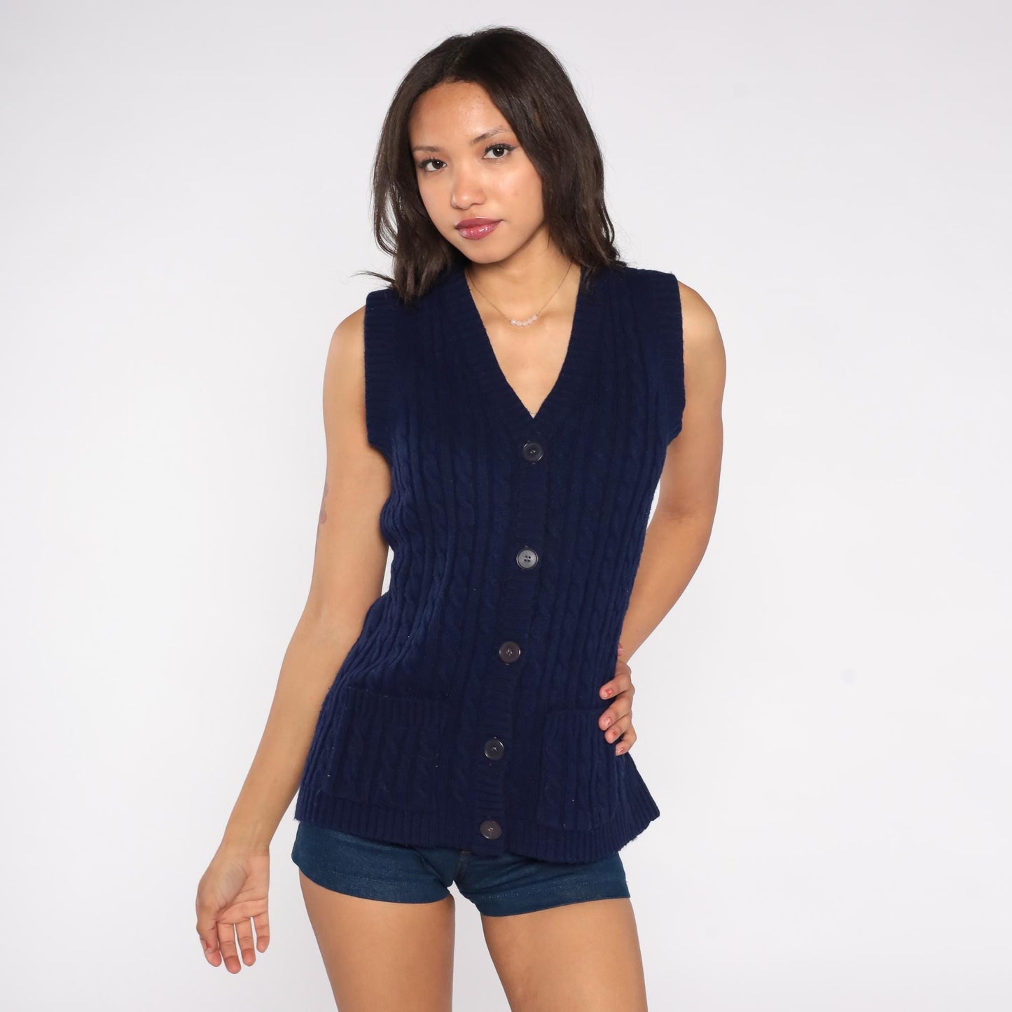 70s Dayne Taylor Navy Cable Knit Sweater Vest V-Neck Pockets Medium