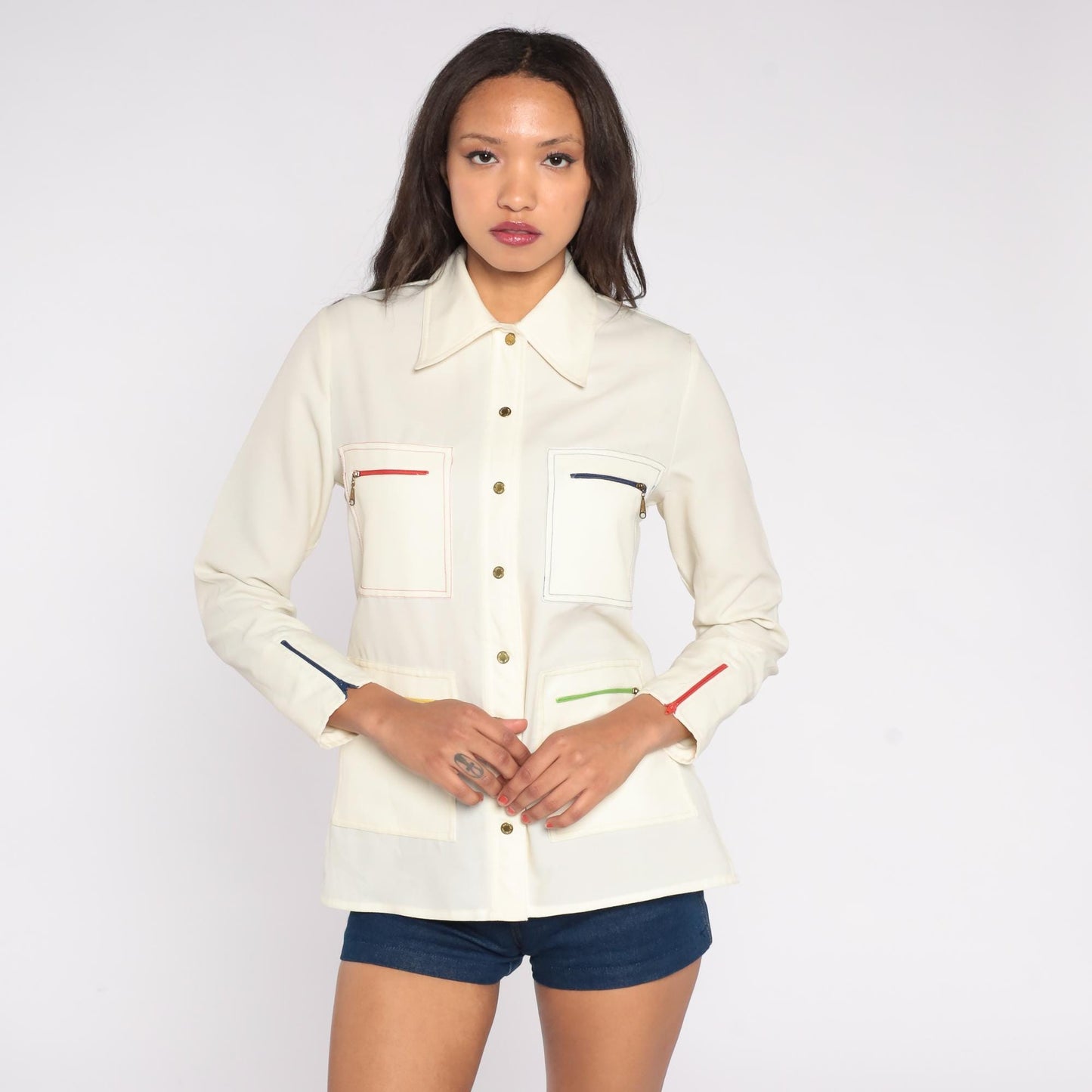 70s King James California Cream Shirt Colorful Zipper Pockets Medium