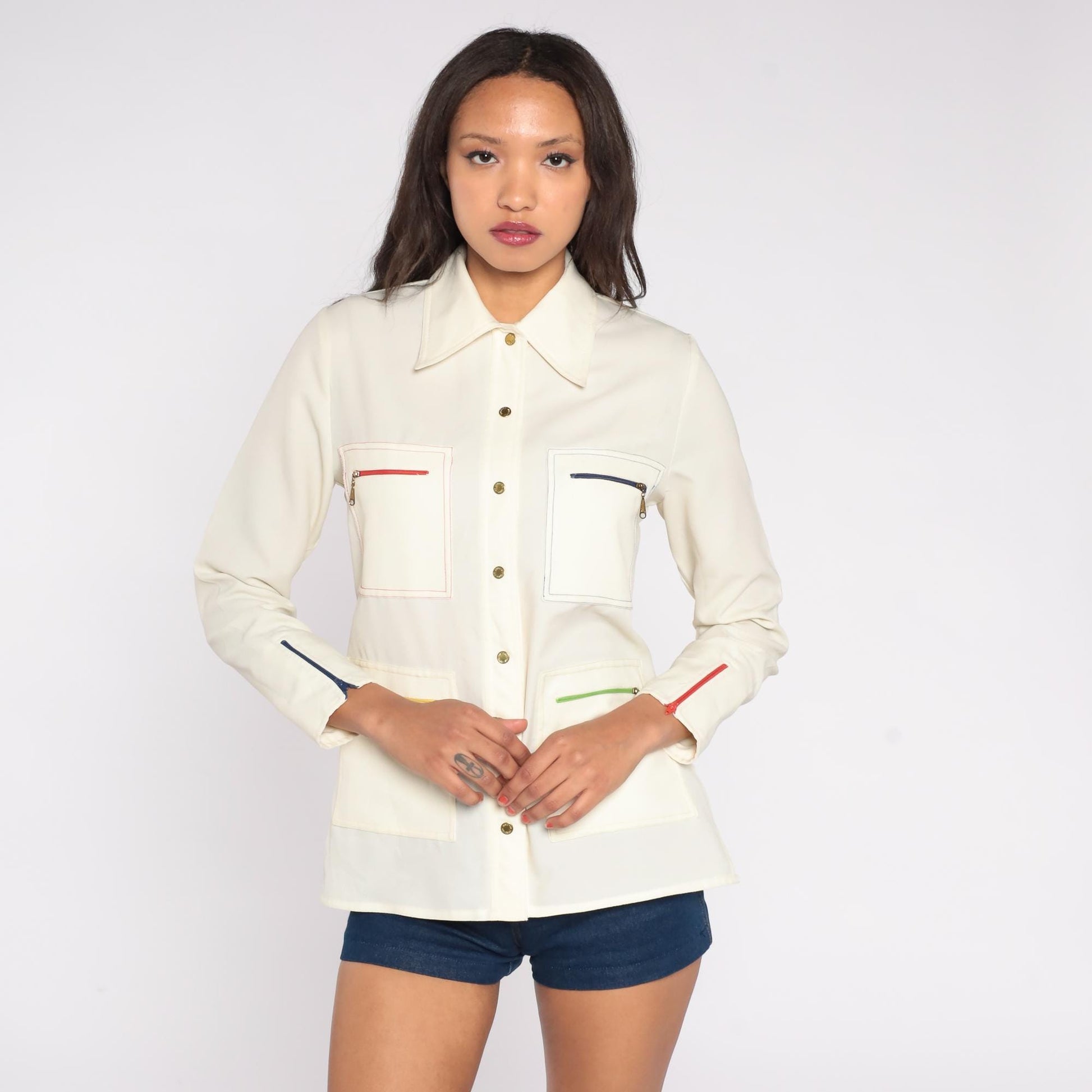 70s King James California Cream Shirt Colorful Zipper Pockets Medium