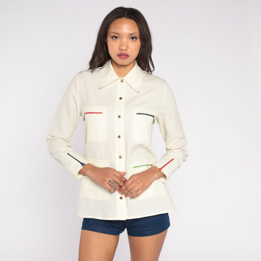 70s King James California Cream Shirt Colorful Zipper Pockets Medium