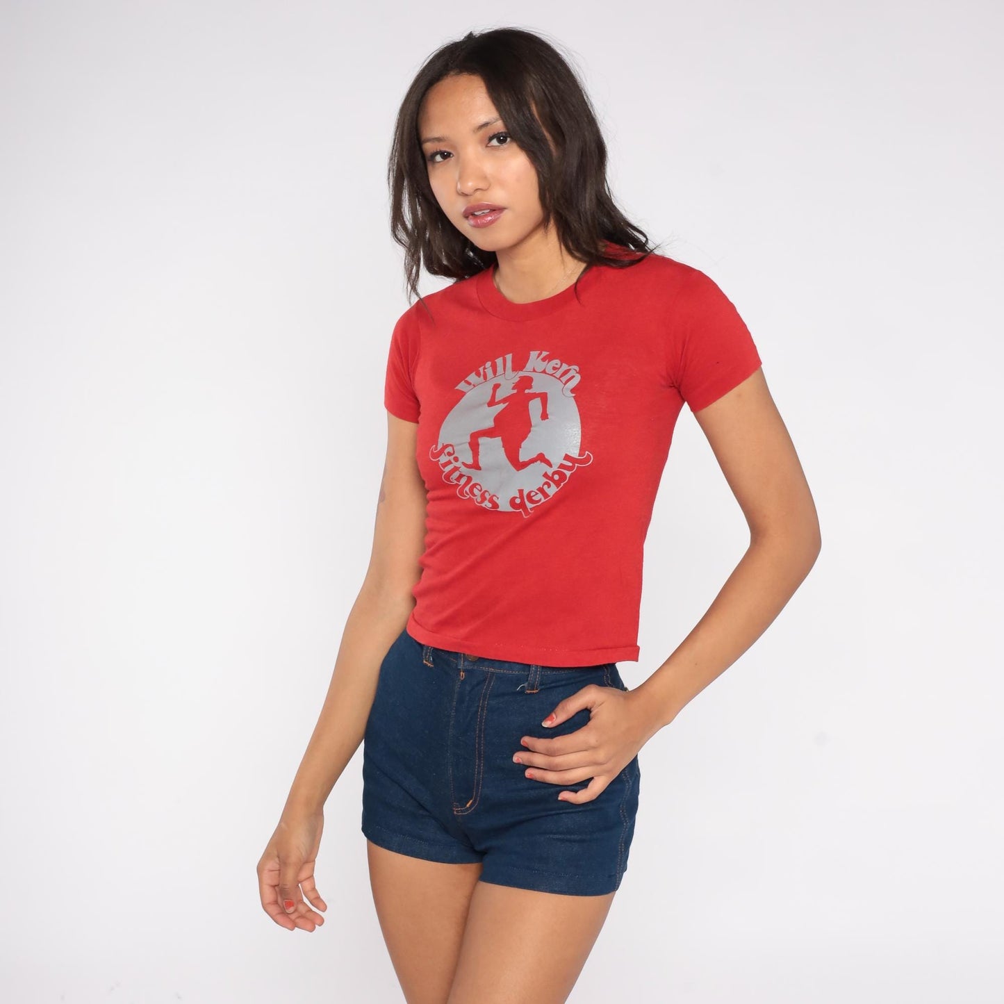 80s Will Kern Fitness Derby Graphic T-Shirt Red Silver Crewneck Extra Small XS