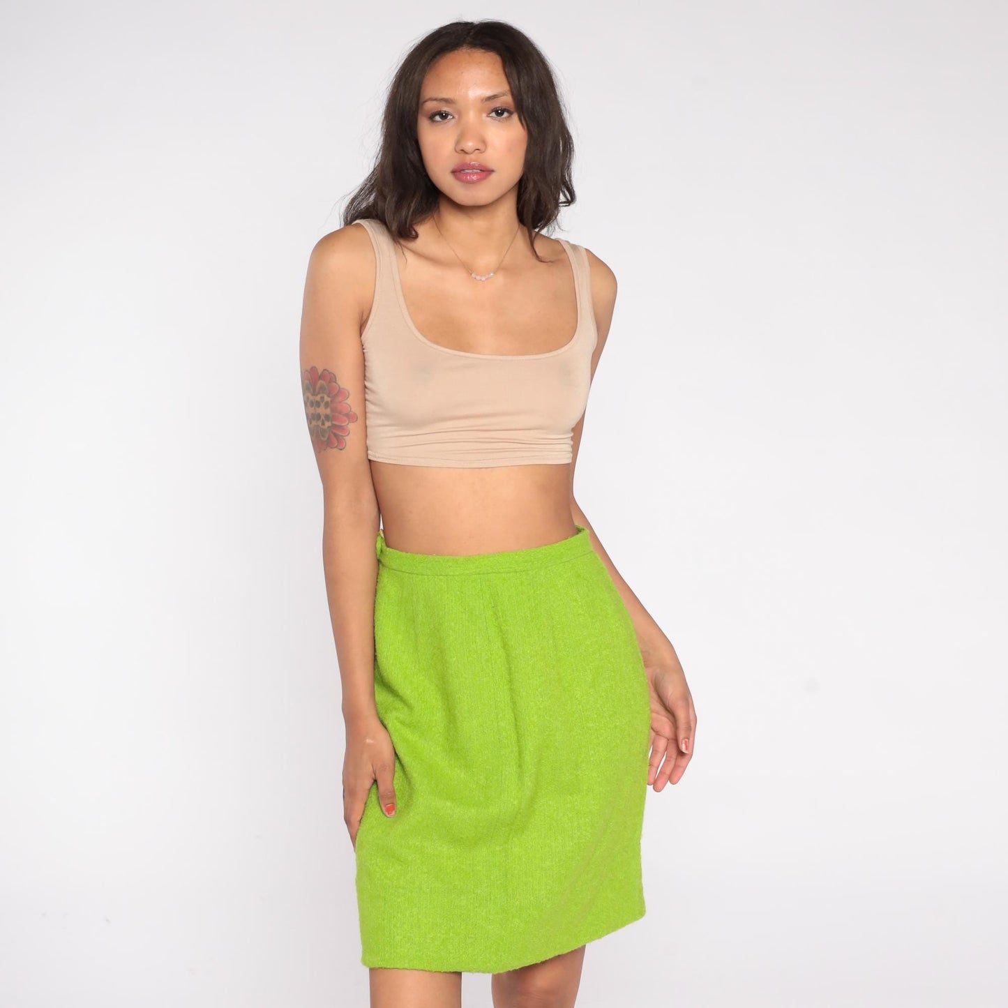 60s Lime Green Wool Blend Skirt High Waist Knee Length Sheath Small