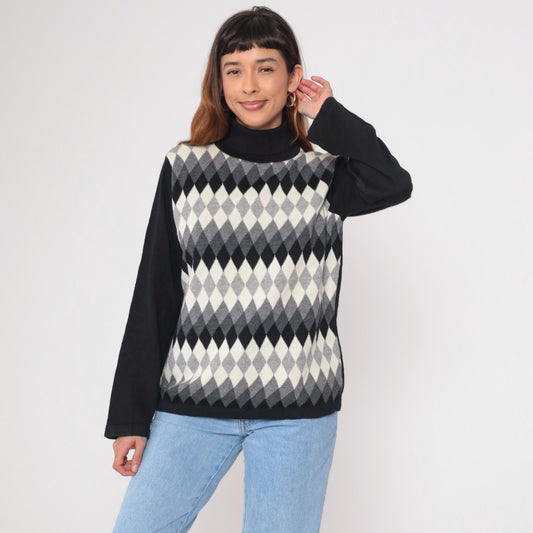 Y2K Argyle Turtleneck Sweater Black White Grey Diamond Knit Large L