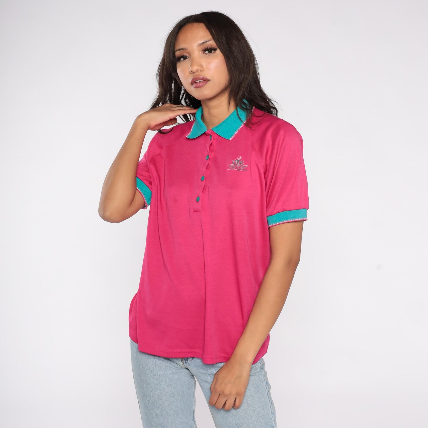 90s Bette & Court Hot Pink Polo Shirt Teal Trim Golf EWG Large L