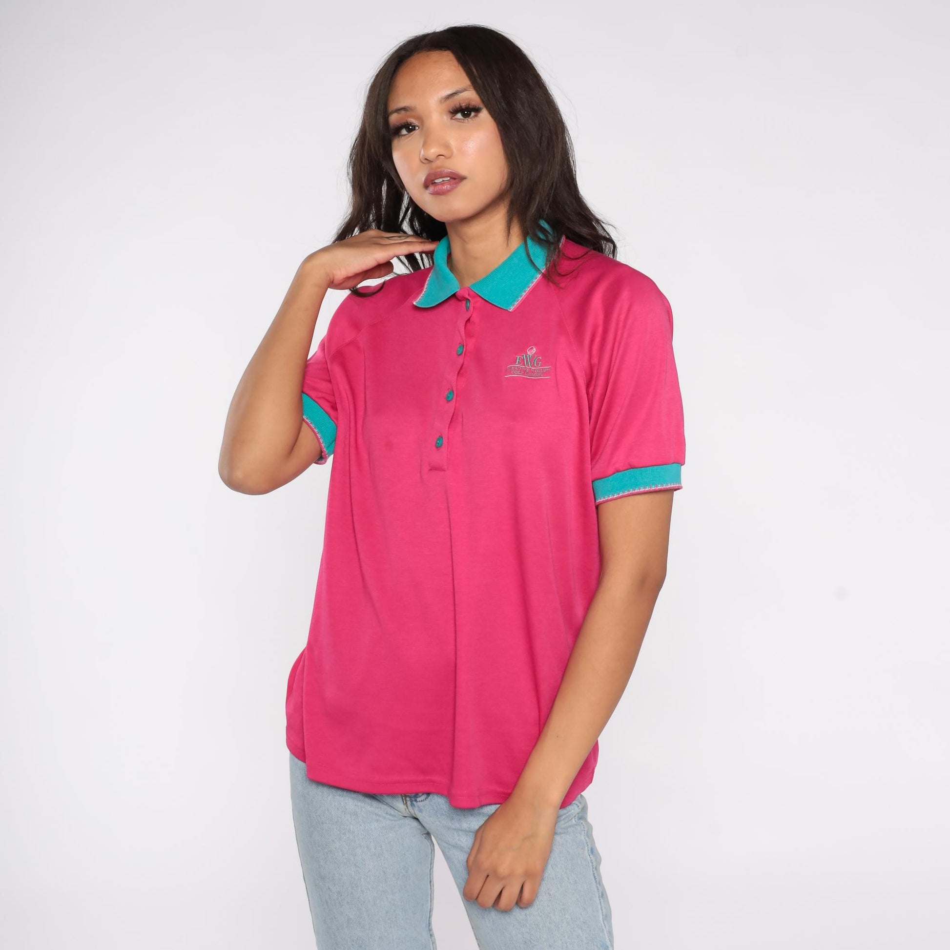 90s Bette & Court Hot Pink Polo Shirt Teal Trim Golf EWG Large L
