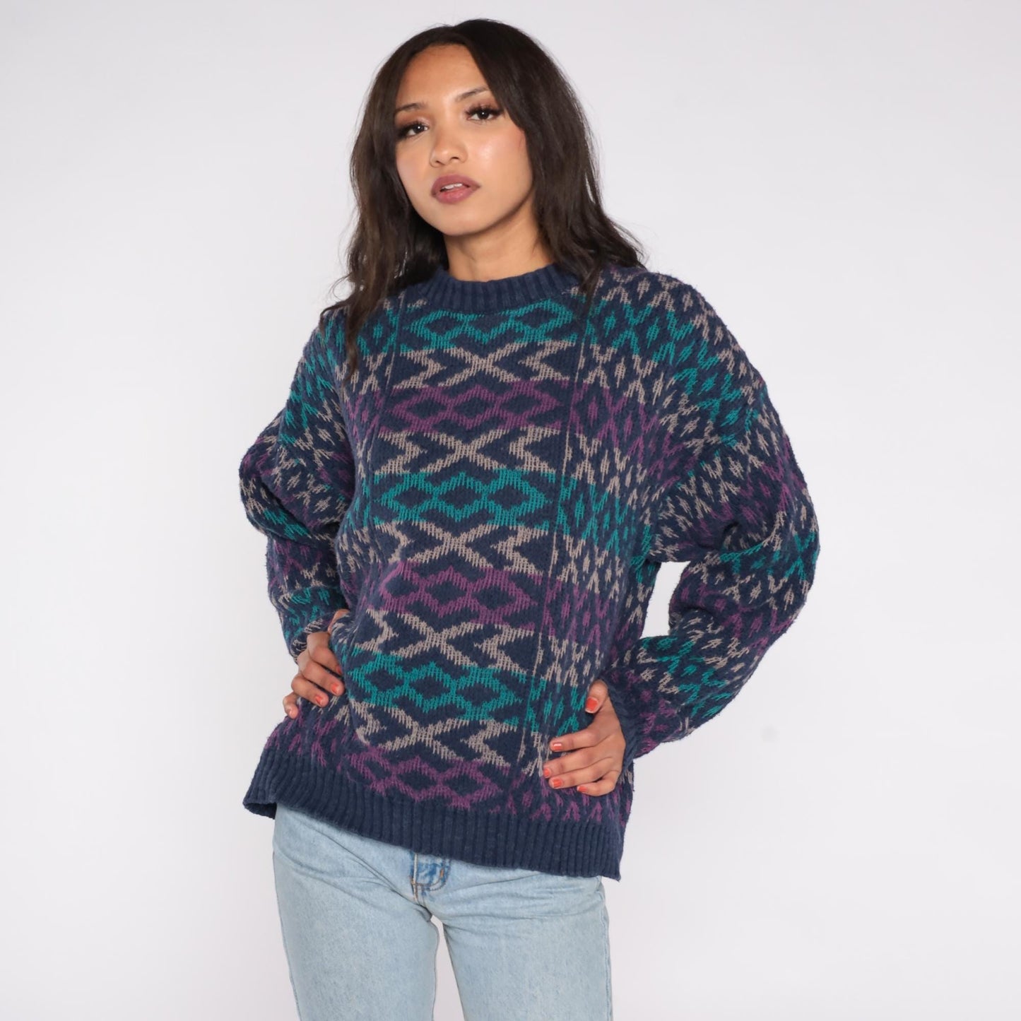 90s Patrick James Geometric Diamond Sweater Navy Teal Purple Cotton XL