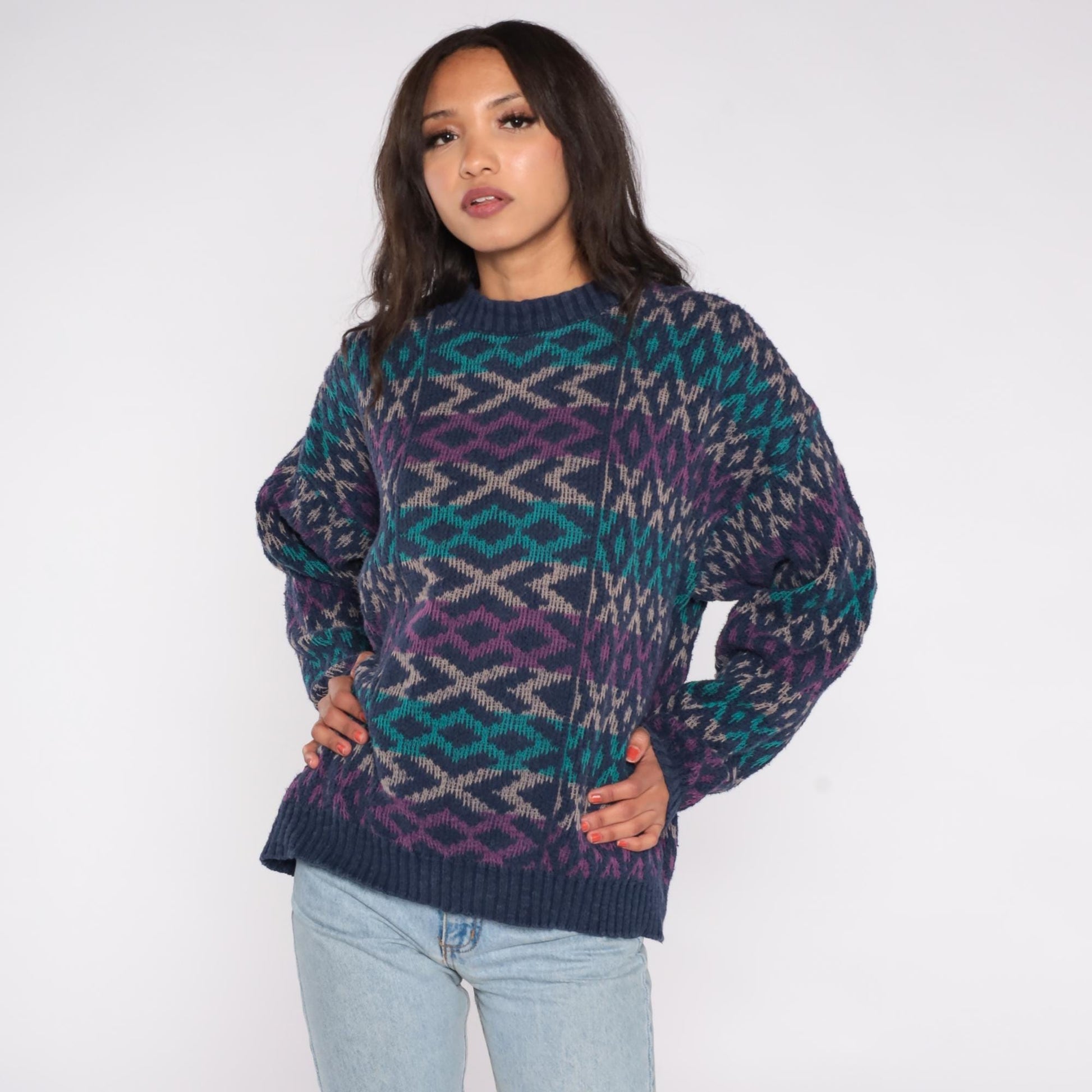 90s Patrick James Geometric Diamond Sweater Navy Teal Purple Cotton XL