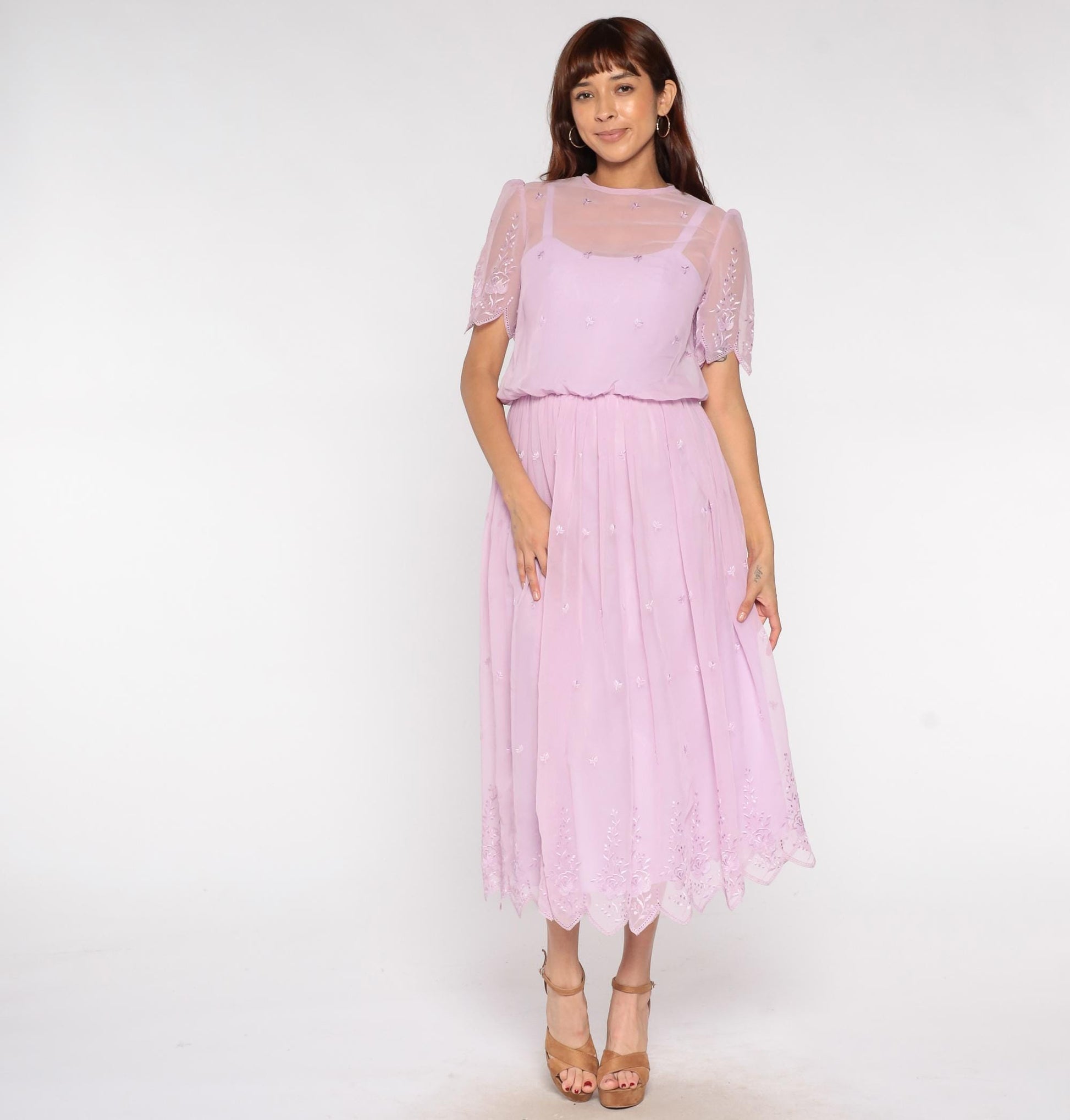 70s Lavender Prairie Dress Sheer Embroidered Midi Floral Scalloped Small